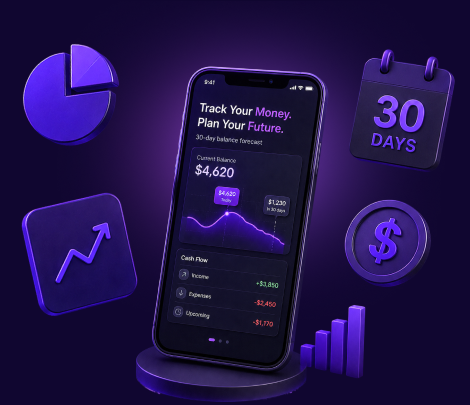 CashPulse app dashboard with balance forecast, spending chart and 30-day overview